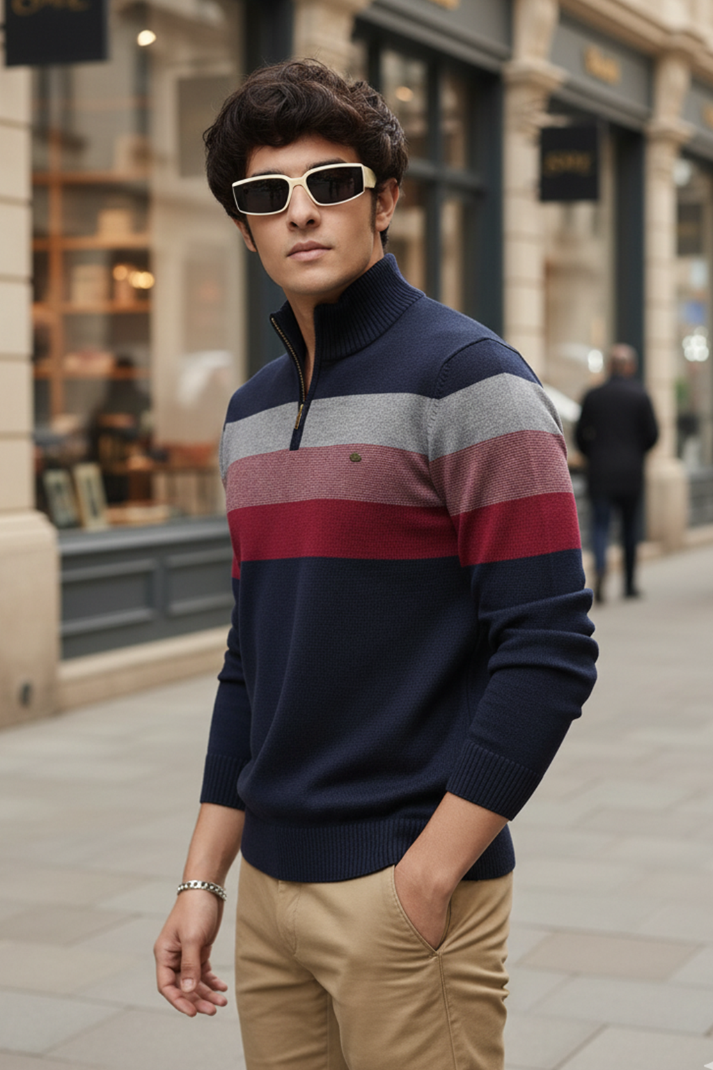 Pull Demi-Zip | Victor – Bleu Marine & Rayures Contrastées