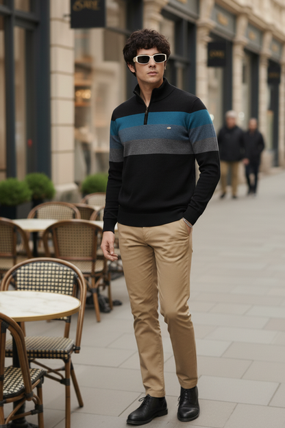 Pull Demi-Zip | Laurent – Noir & Rayures Contrastées