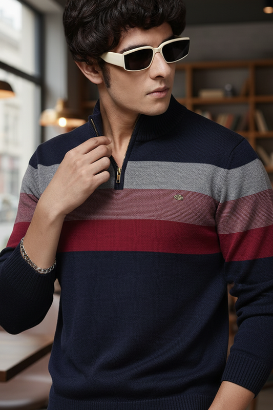 Pull Demi-Zip | Victor – Bleu Marine & Rayures Contrastées