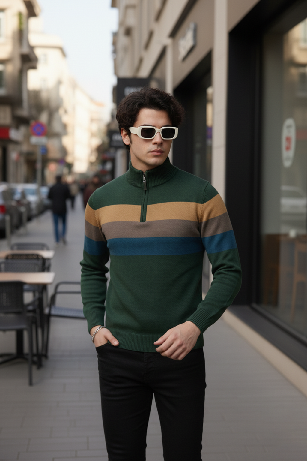 Pull Demi-Zip | Gabriel – Vert Forêt & Rayures Contrastées