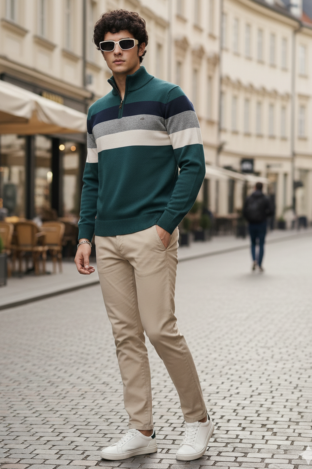 Pull Demi-Zip | Gabriel – Bleu-Vert & Rayures Contrastées