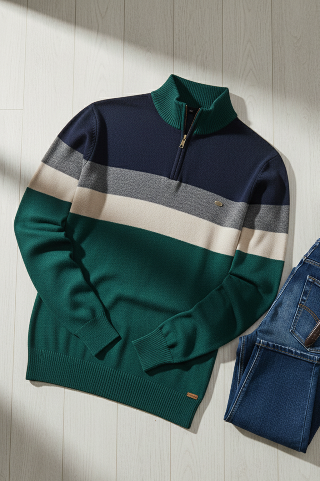 Pull Demi-Zip | Gabriel – Bleu-Vert & Rayures Contrastées