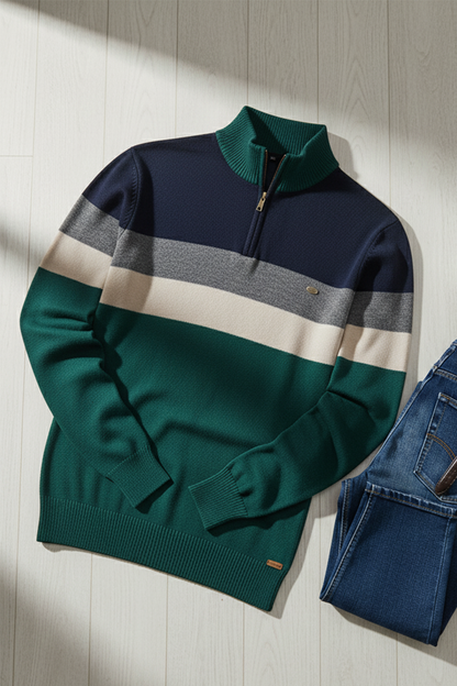 Pull Demi-Zip | Gabriel – Bleu-Vert & Rayures Contrastées