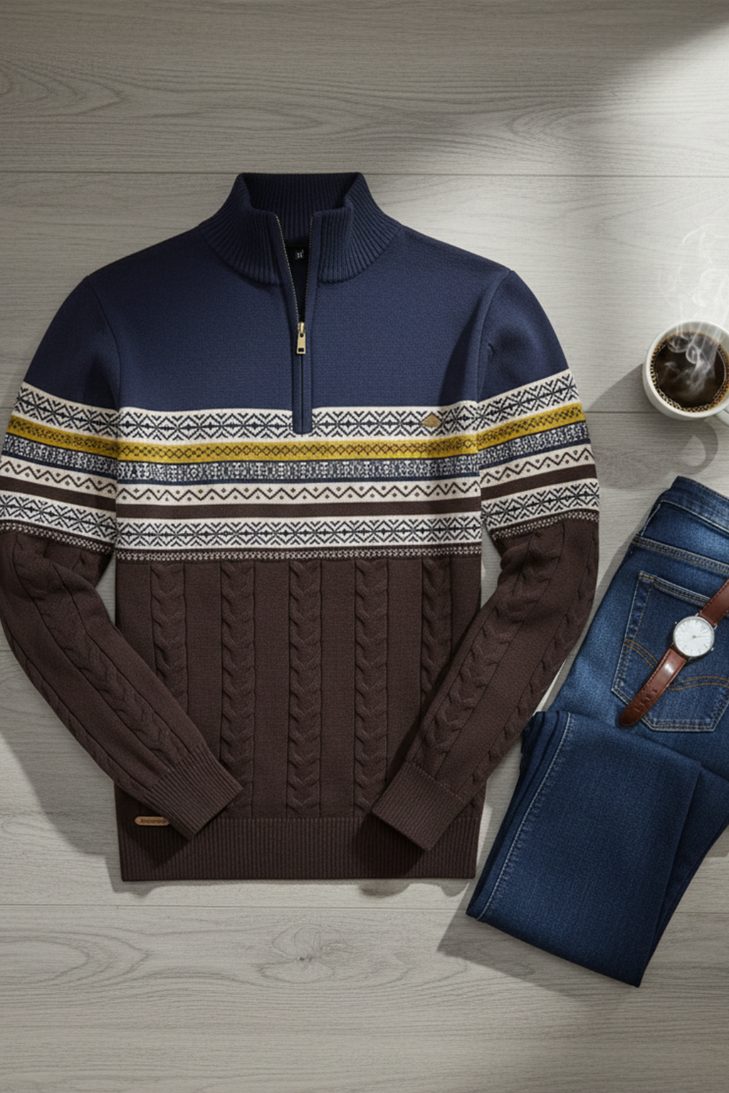 Pull Demi-Zip | Émile – Bleu Marine & Marron Café