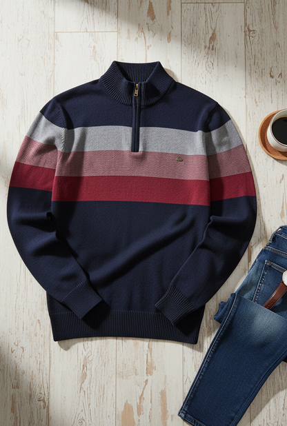 Pull Demi-Zip | Victor – Bleu Marine & Rayures Contrastées