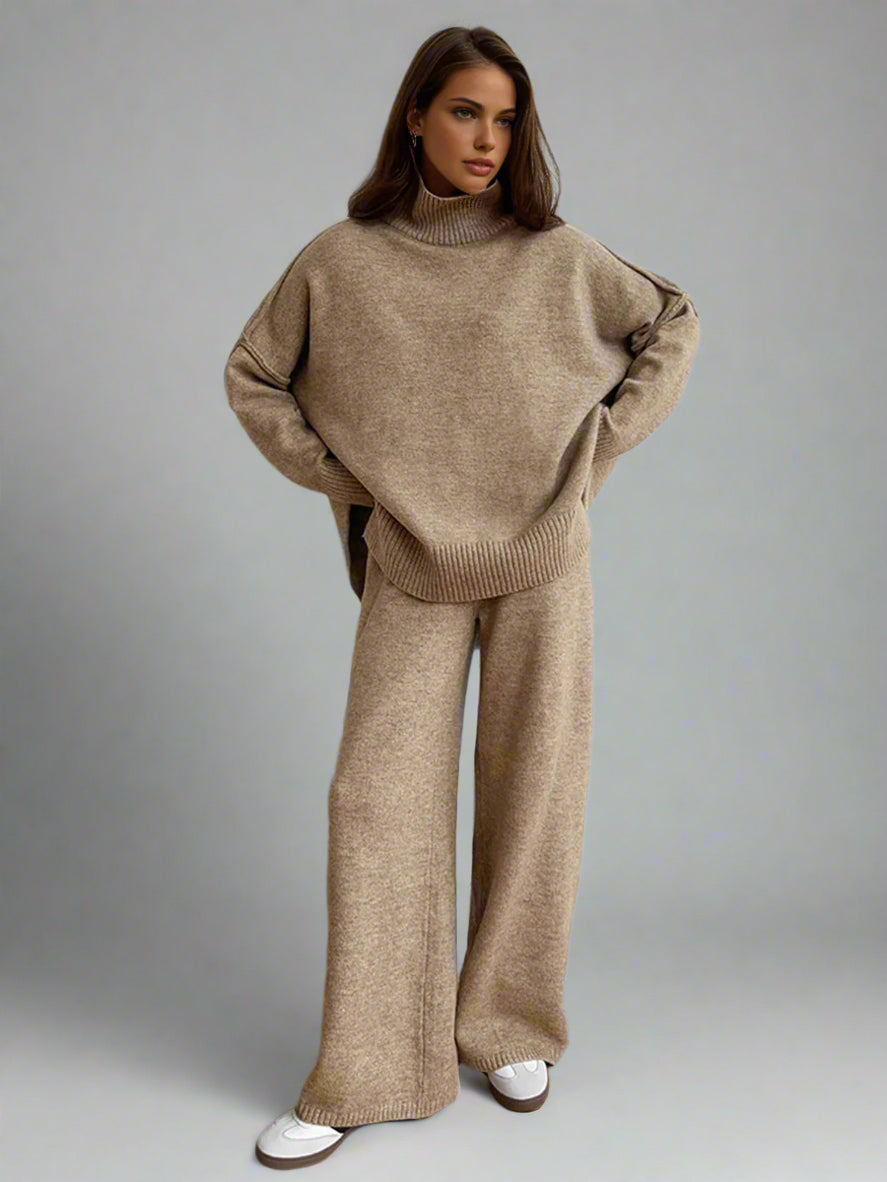 Ensemble en maille pour femme avec pull à col roulé et pantalon large