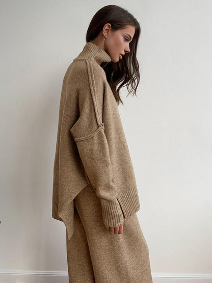 Ensemble en maille pour femme avec pull à col roulé et pantalon large