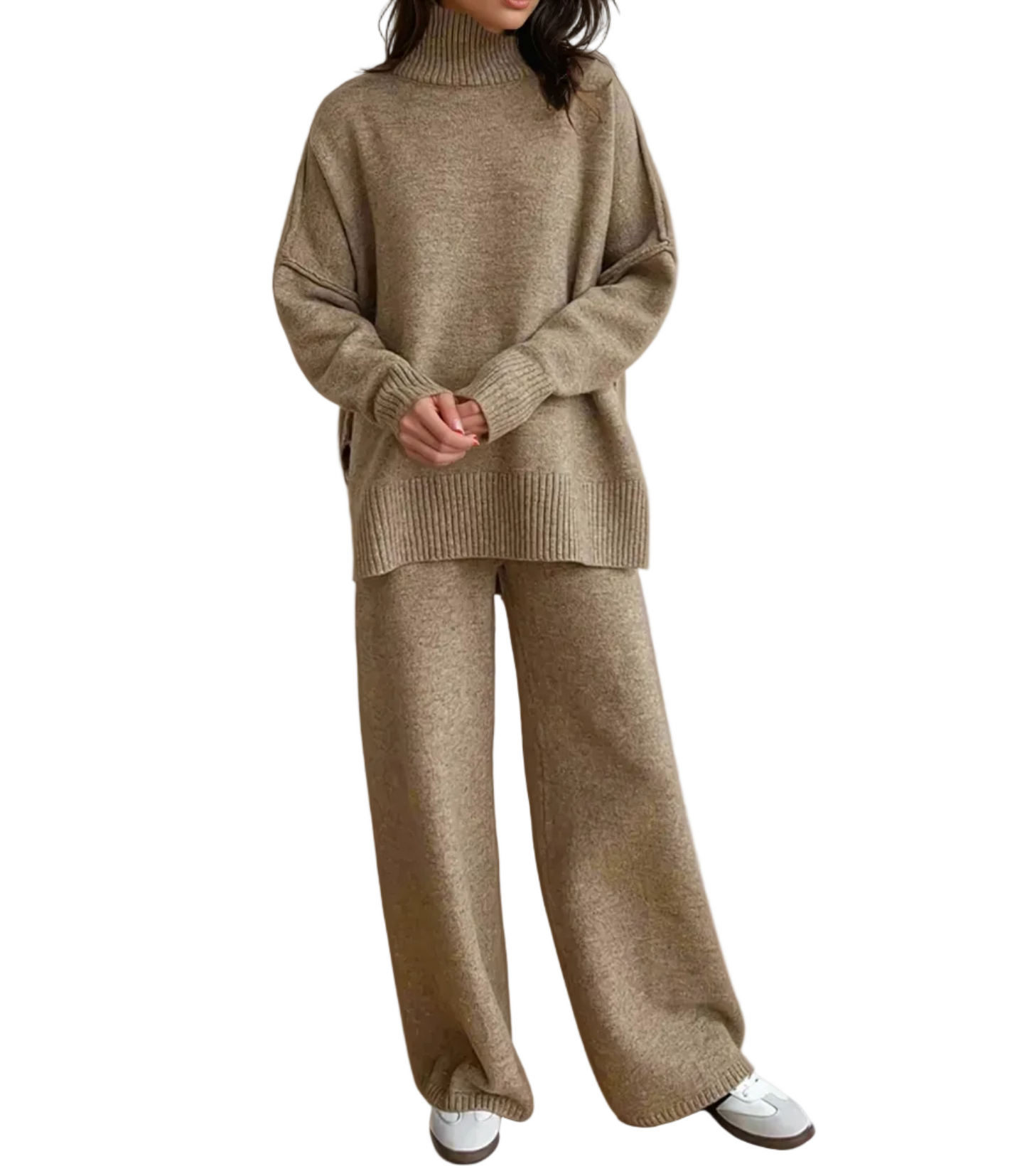 Ensemble en maille pour femme avec pull à col roulé et pantalon large