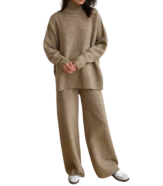 Ensemble en maille pour femme avec pull à col roulé et pantalon large