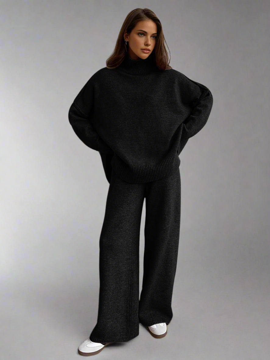 Ensemble en maille pour femme avec pull à col roulé et pantalon large
