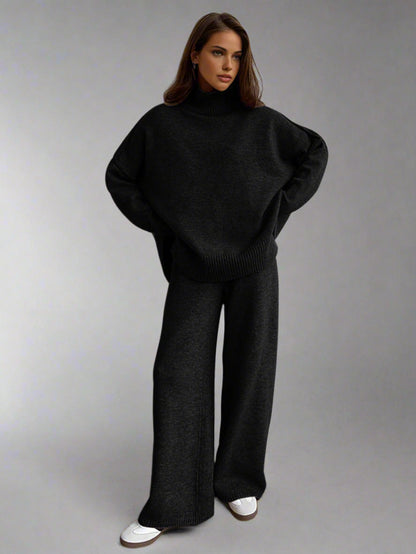 Ensemble en maille pour femme avec pull à col roulé et pantalon large