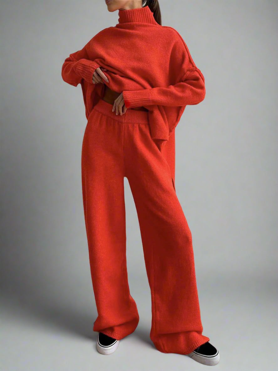 Ensemble en maille pour femme avec pull à col roulé et pantalon large