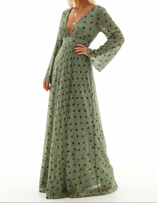Robe maxi pour femme à manches longues avec encolure en V