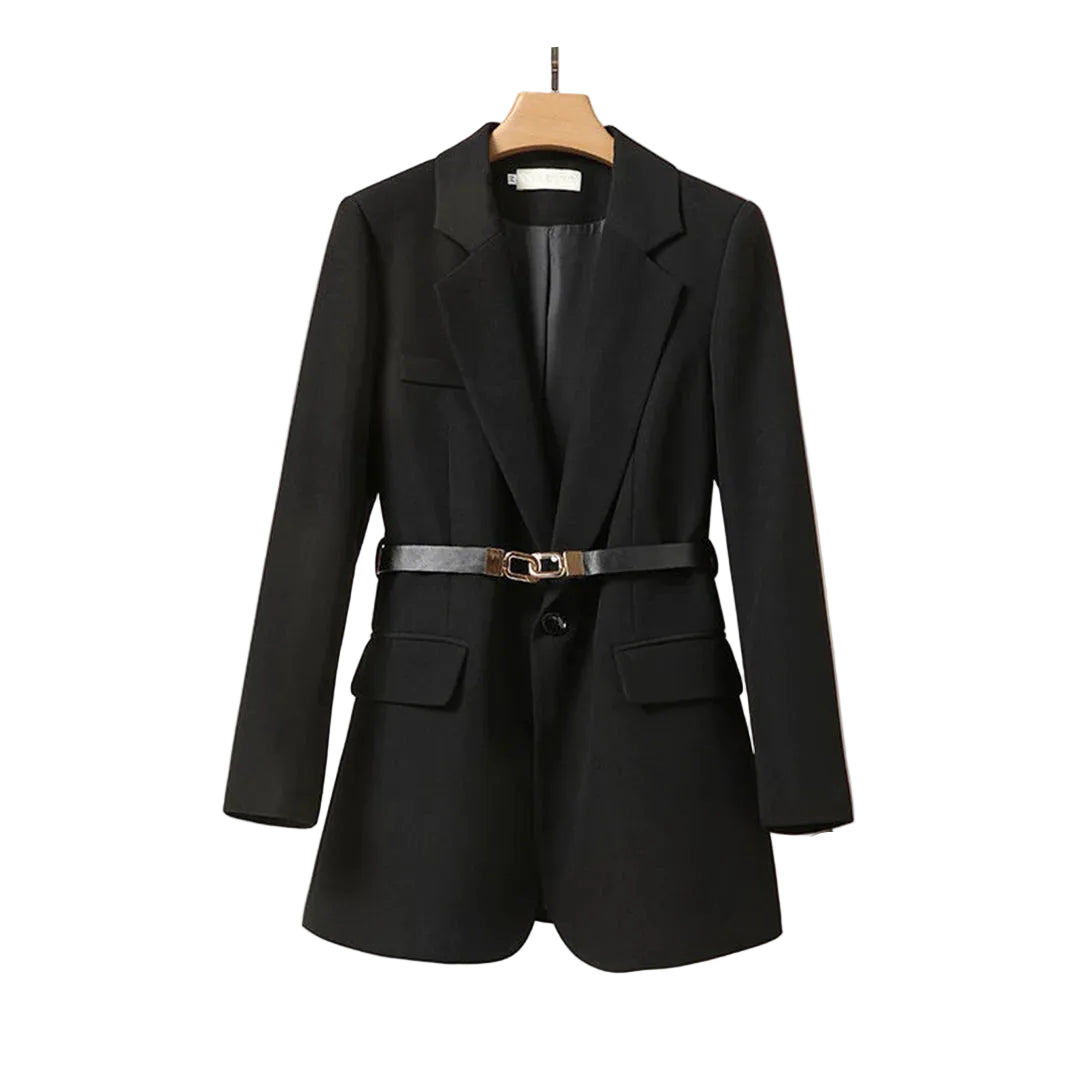 Blazer Femme Long avec Ceinture et Col à Revers