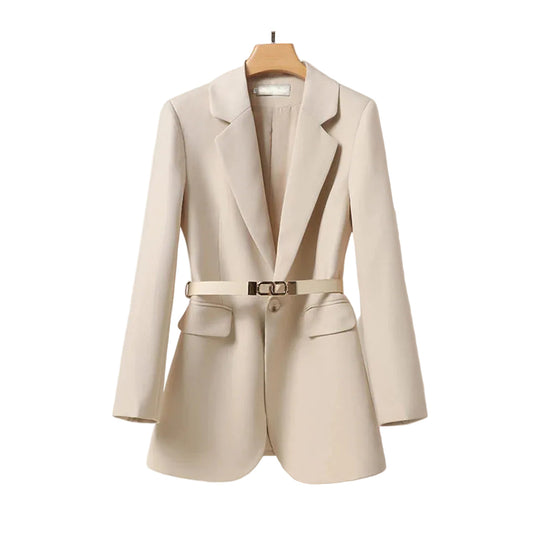 Blazer Femme Long avec Ceinture et Col à Revers