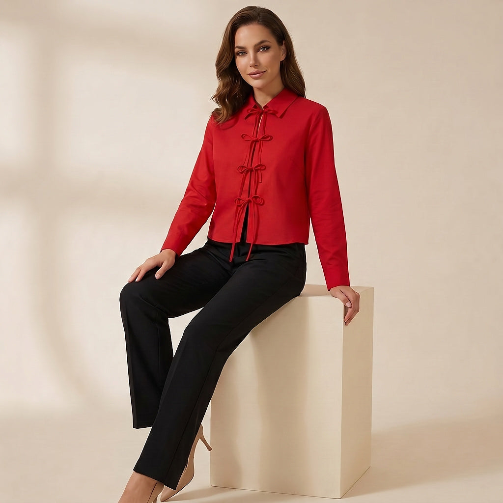 Blouse Women Long Sleeve Lace Up Closure Structured Fit 2
