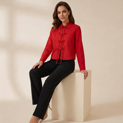 Blouse Women Long Sleeve Lace Up Closure Structured Fit 2