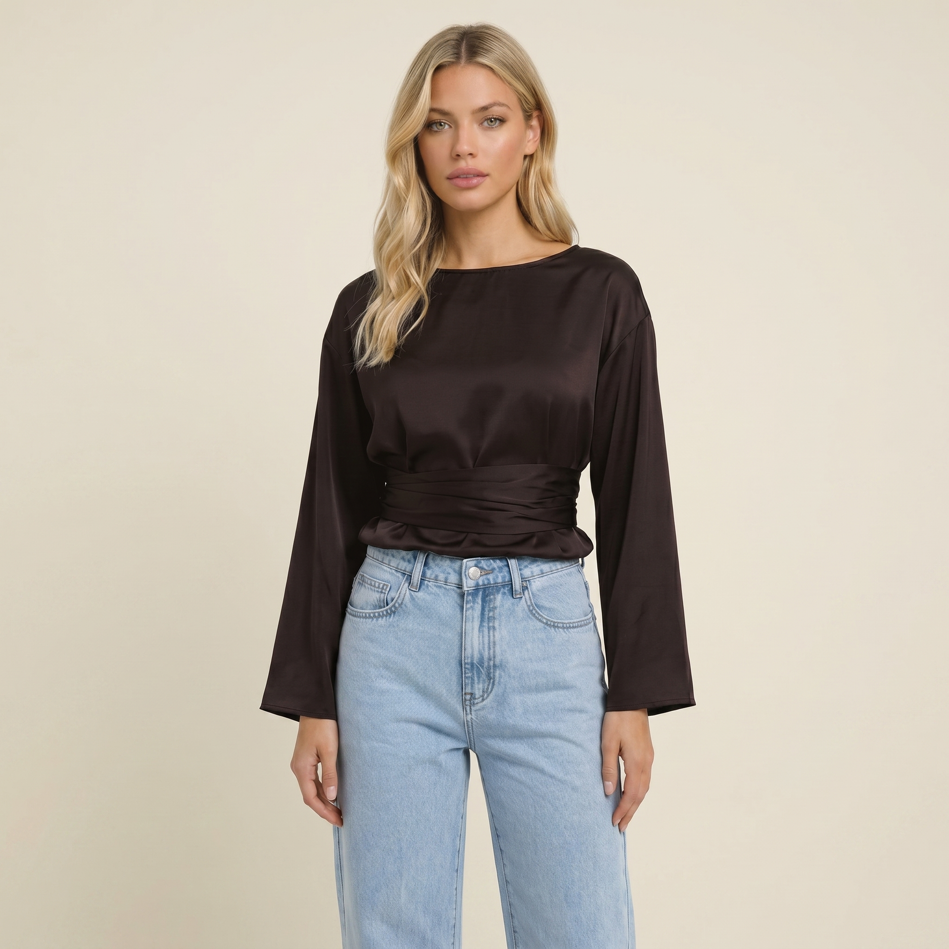 Blouse Women Long Sleeve Side Tie Closure Bow Detail 1