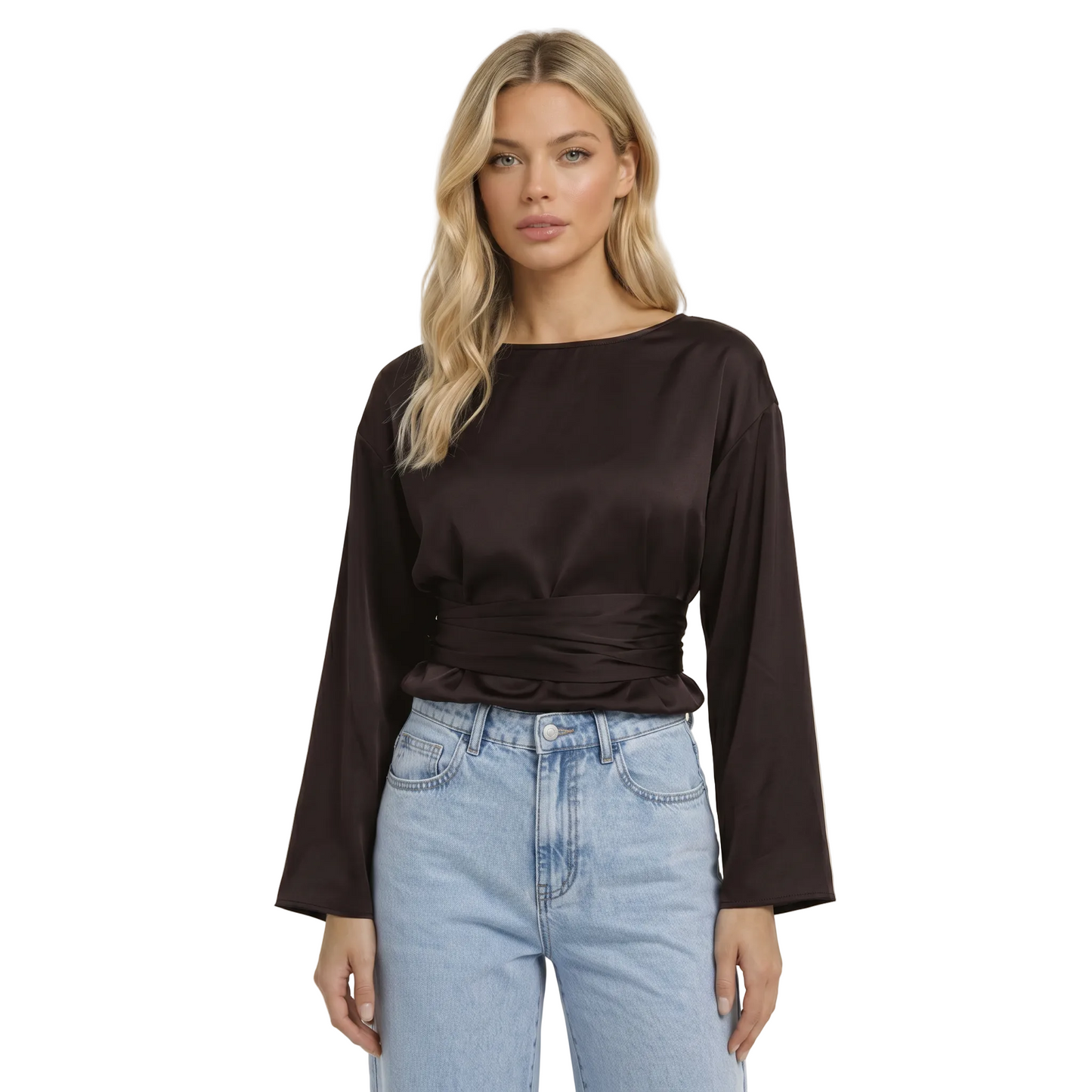 Blouse Women Long Sleeve Side Tie Closure Bow Detail Brown