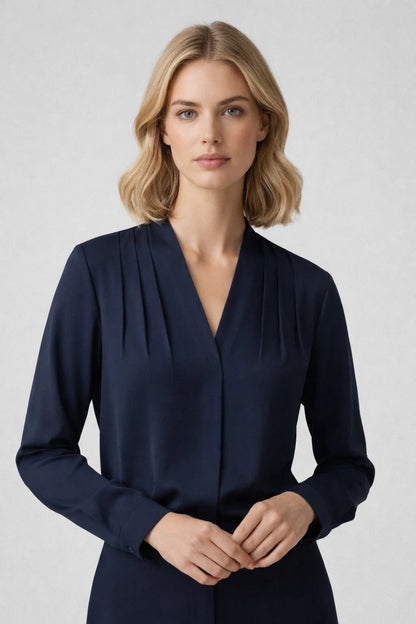 Blouse Women Long Sleeve V Neck Wrap Design Closure Dark blue