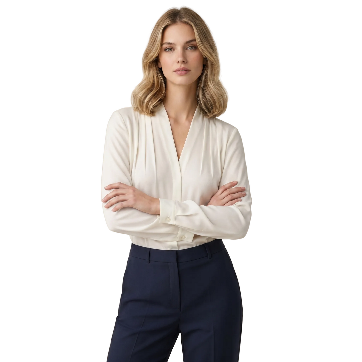 Blouse Women Long Sleeve V Neck Wrap Design Closure White