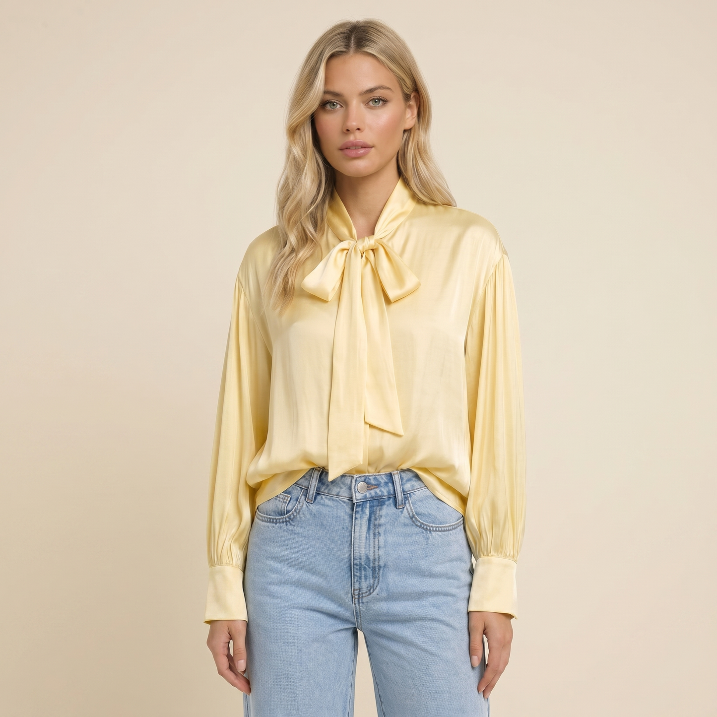 Blouse Women Loose Fit Long Sleeve Bow Neckline Detail 3