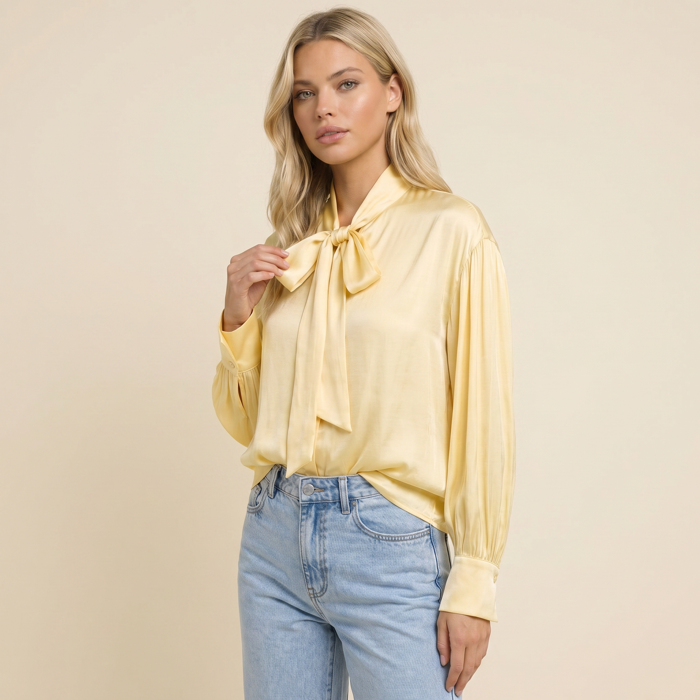 Blouse Women Loose Fit Long Sleeve Bow Neckline Detail 4