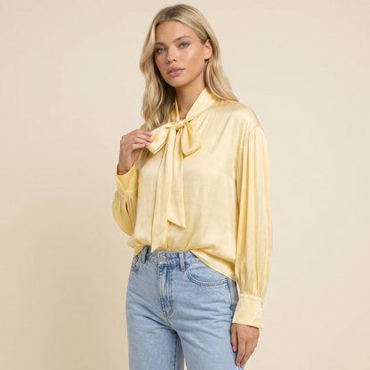 Blouse Women Loose Fit Long Sleeve Bow Neckline Detail 4
