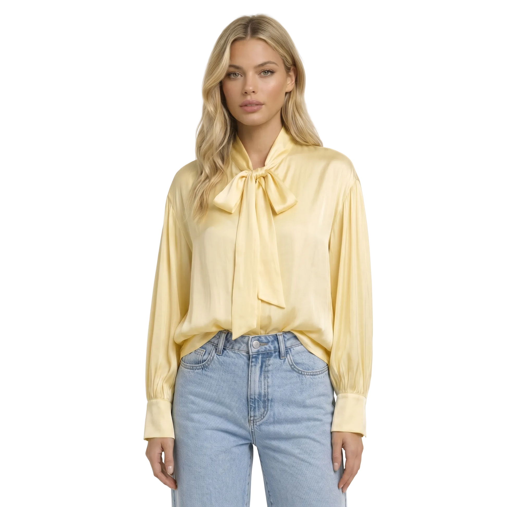 Blouse Women Loose Fit Long Sleeve Bow Neckline Detail Light yellow