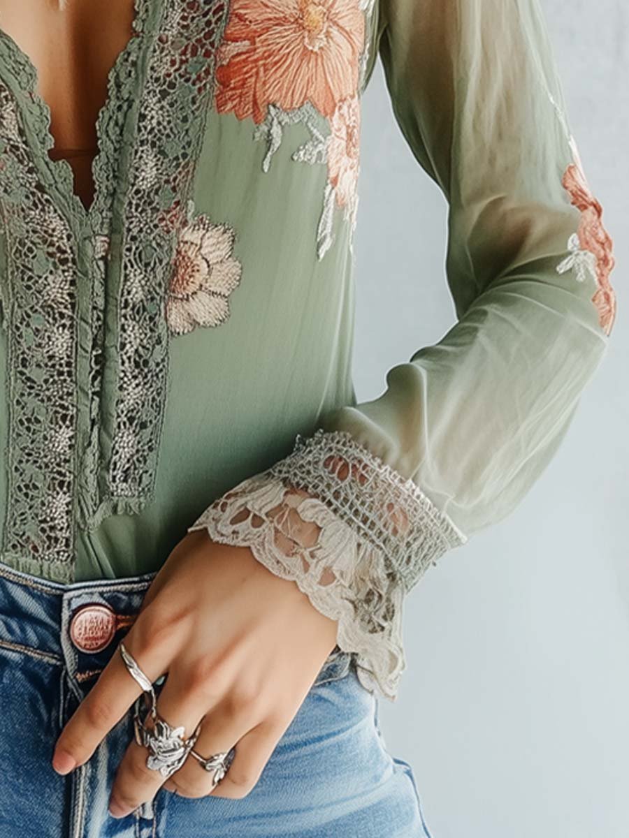 Blouse en mousseline brodée pour femme avec bordure en dentelle 7