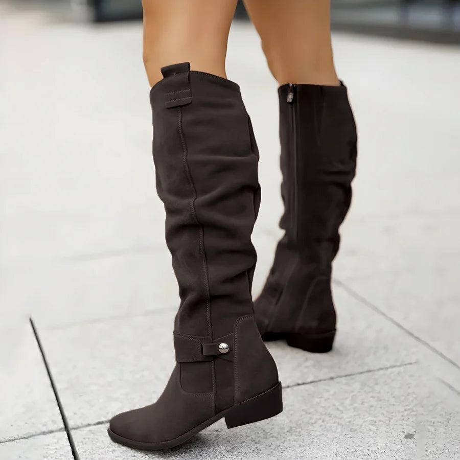 Bottes hautes en daim pour femme avec petit talon bloc 7