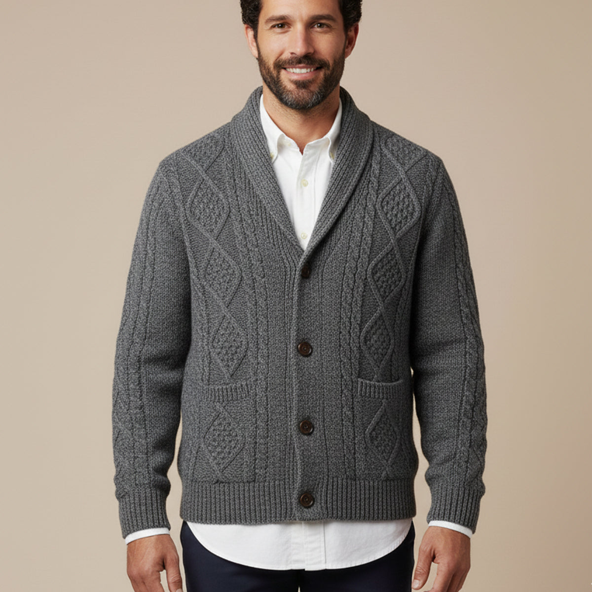 Cardigan en maille torsadée pour homme avec col châle 11