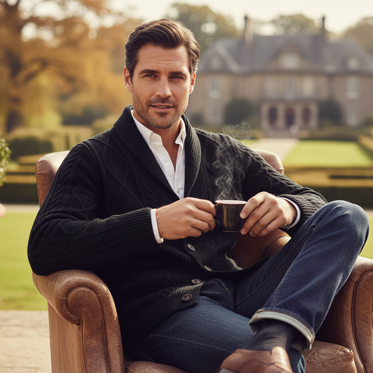 Cardigan en maille torsadée pour homme avec col châle 12