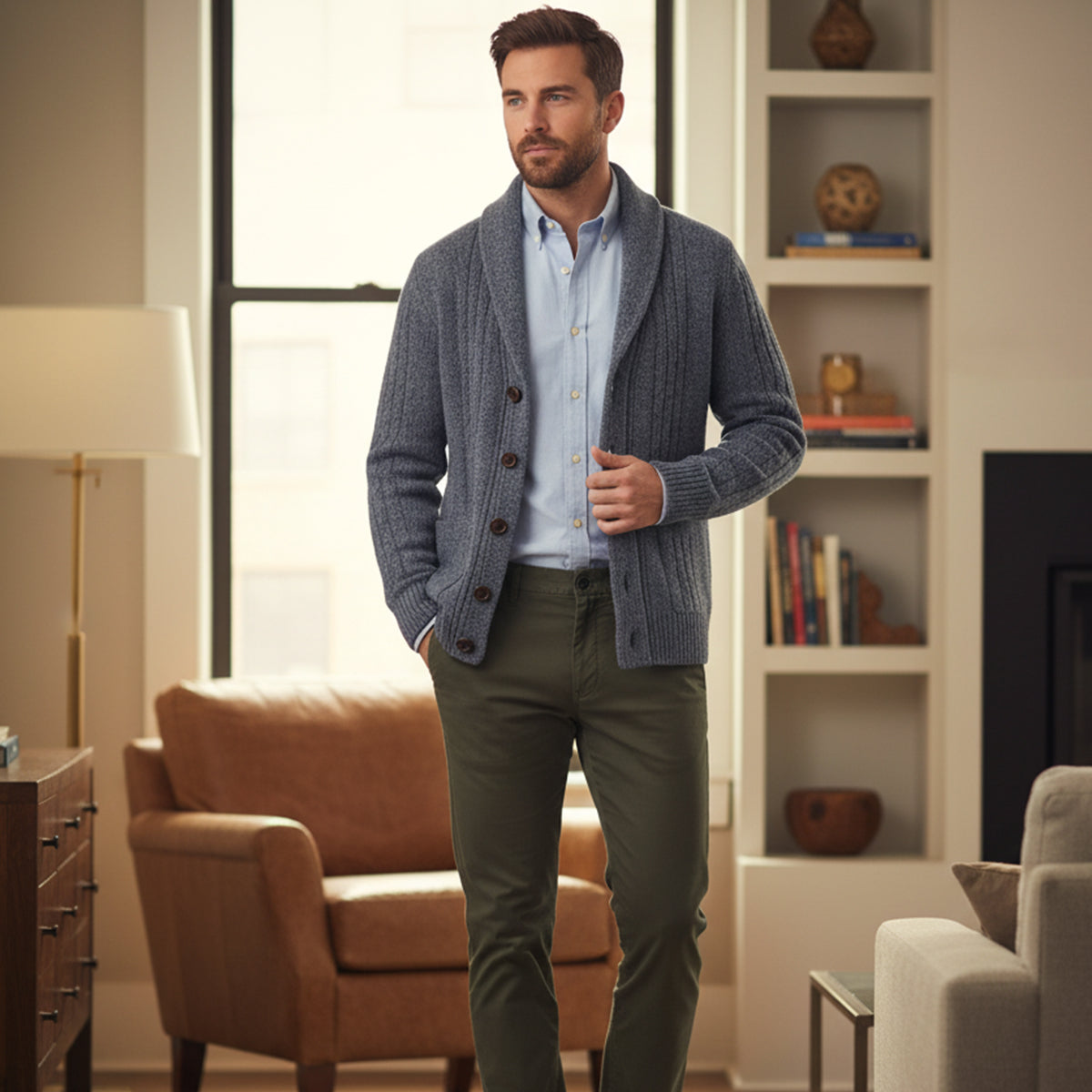 Cardigan en maille torsadée pour homme avec col châle 13