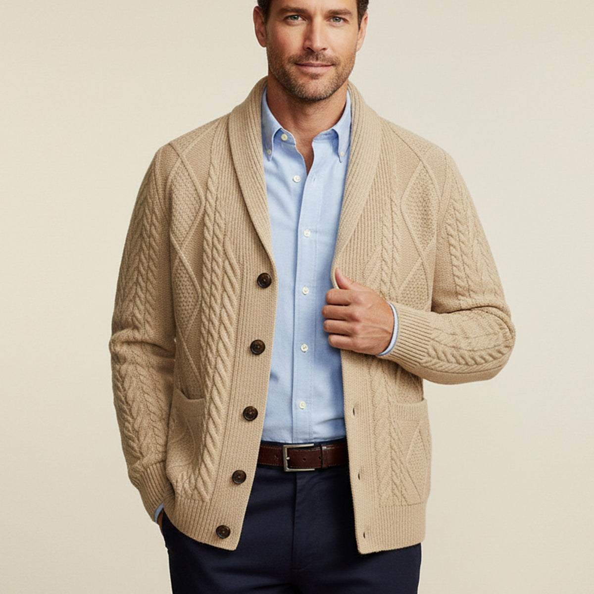 Cardigan en maille torsadée pour homme avec col châle 5