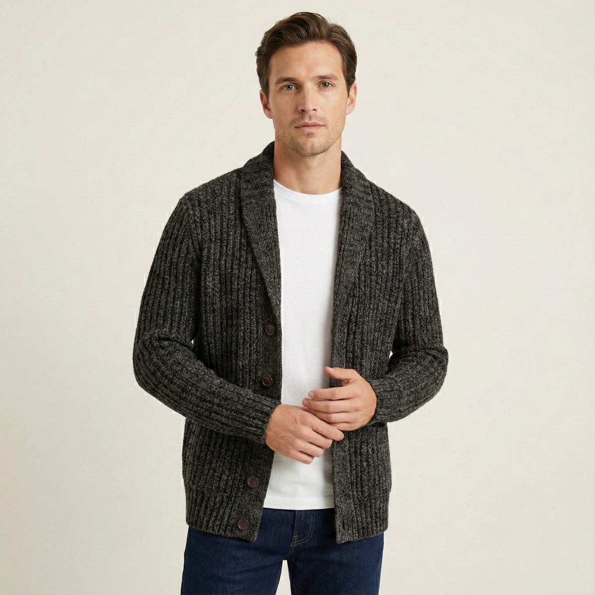 Cardigan homme en maille épaisse avec col châle 10