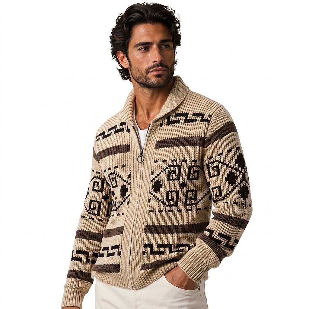 Cardigan zippé en maille à motif géométrique pour homme avec col châle 2