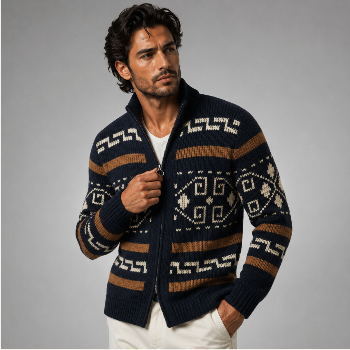 Cardigan zippé en maille à motif géométrique pour homme avec col châle 5