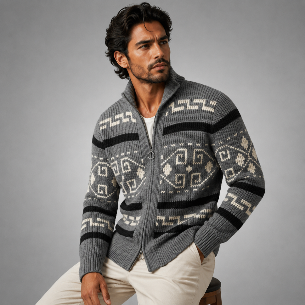 Cardigan zippé en maille à motif géométrique pour homme avec col châle 7