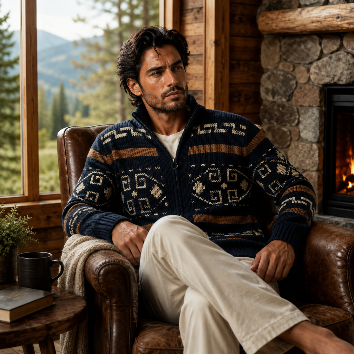 Cardigan zippé en maille à motif géométrique pour homme avec col châle 9