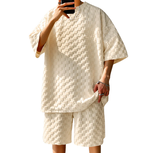 Ensemble à manches courtes avec motif structuré et col rond pour homme