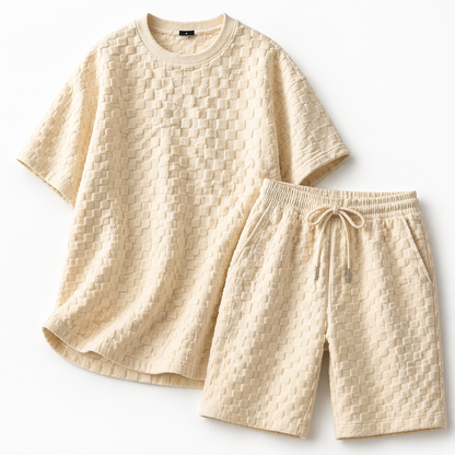 Ensemble à manches courtes avec motif structuré et col rond pour homme