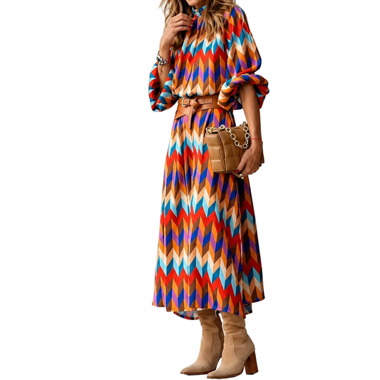 Femme Robe midi à motif géométrique avec col montant et ceinture
