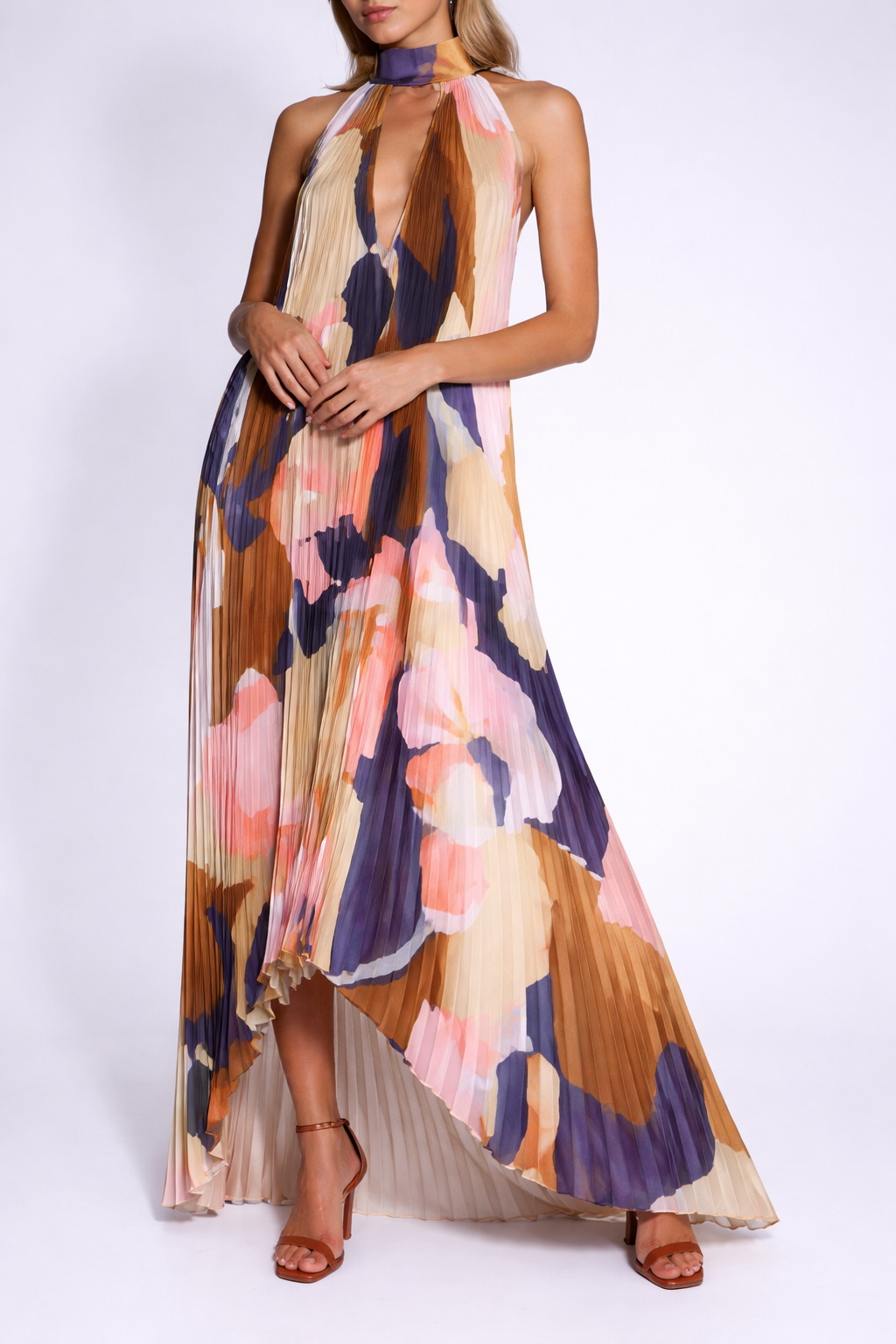 Femme Robe Longue à Col Tour de Cou et Structure Plissée