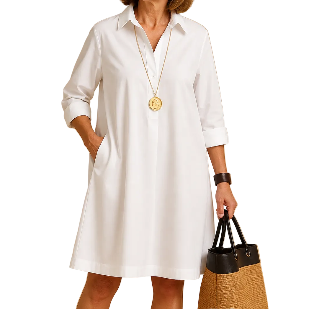 Femme Robe avec col, patte de boutonnage, manches longues et poches latérales