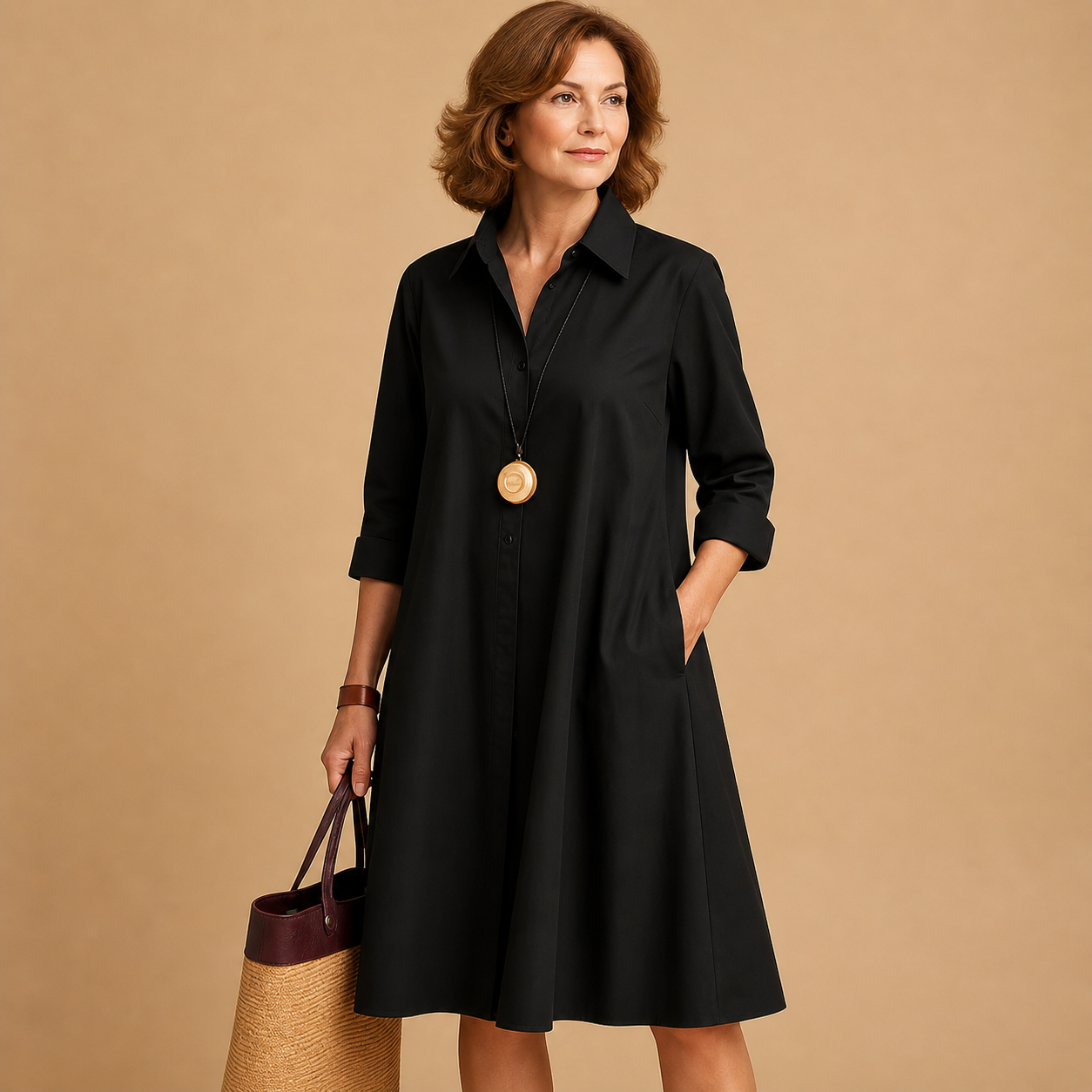 Femme Robe avec col, patte de boutonnage, manches longues et poches latérales
