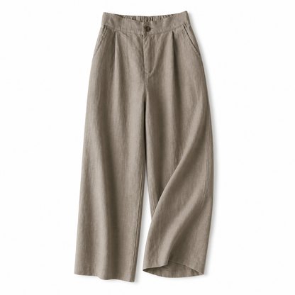 Pantalon femme taille haute avec jambes larges, plis frontaux et poches latérales