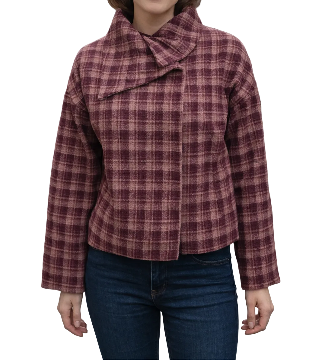 Femme veste courte à carreaux avec col asymétrique