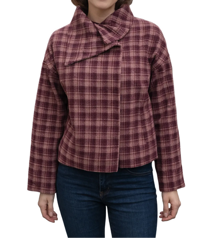 Femme veste courte à carreaux avec col asymétrique
