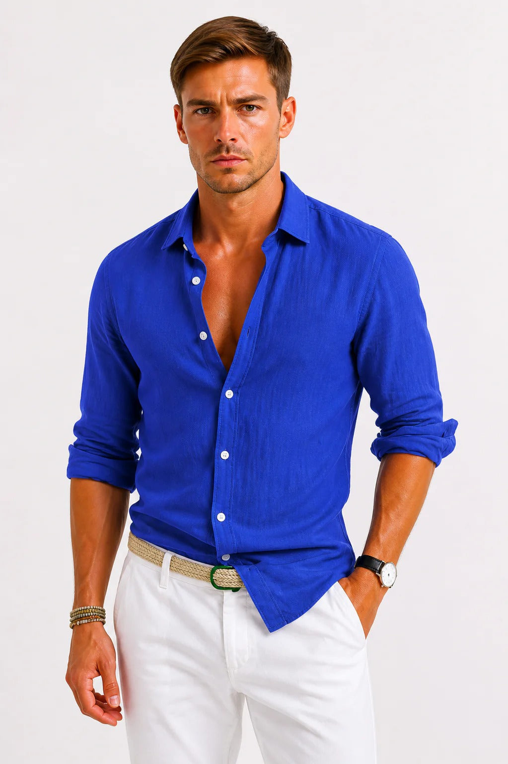 Chemise à manches longues boutonnée en lin pour homme 2